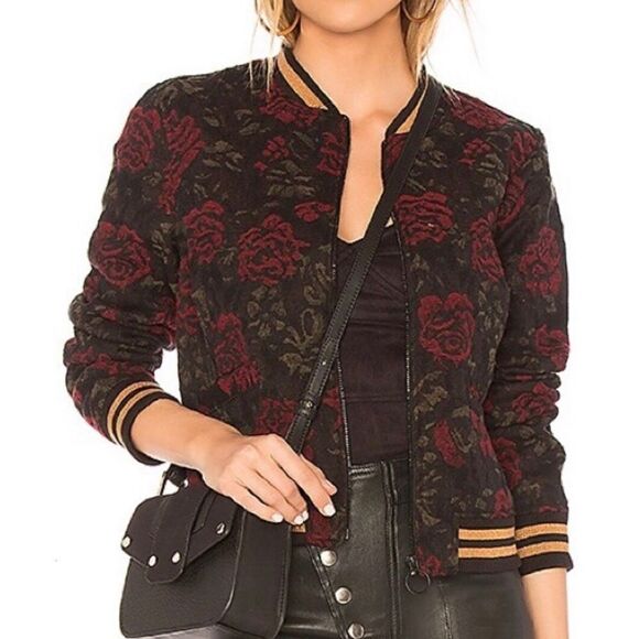 Anthropologie Sanctuary Rose Seduction Black Red Floral Print Zip Bomber Jacket - Picture 1 of 15